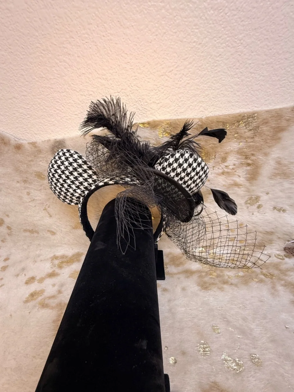 Minnie Mouse Fascinator Headband Black Feather Veil Houndstooth Ears Vintage Glm